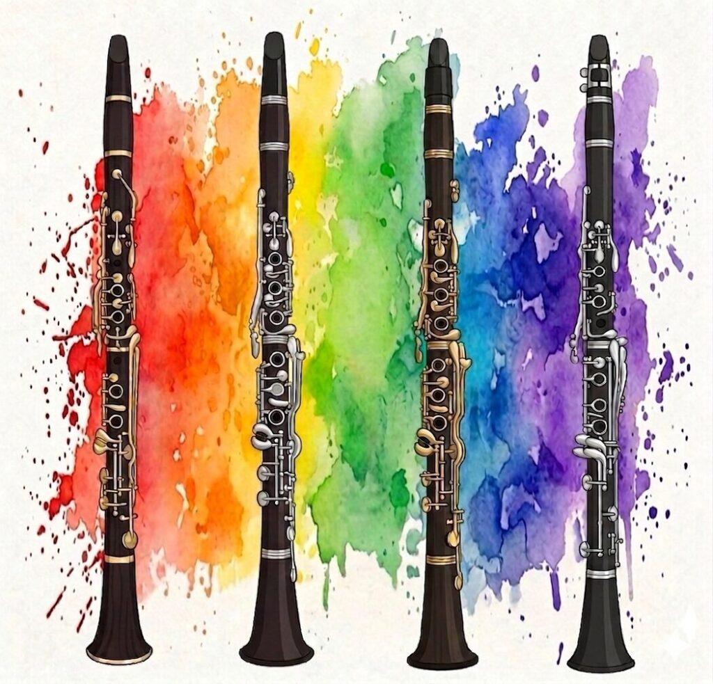 4本のクラリネットのイラストと、虹色の水飛沫のような水彩画の背景。