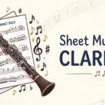 英字タイトル「クラリネットの楽譜」の左側にクラリネットと楽譜のイラスト。