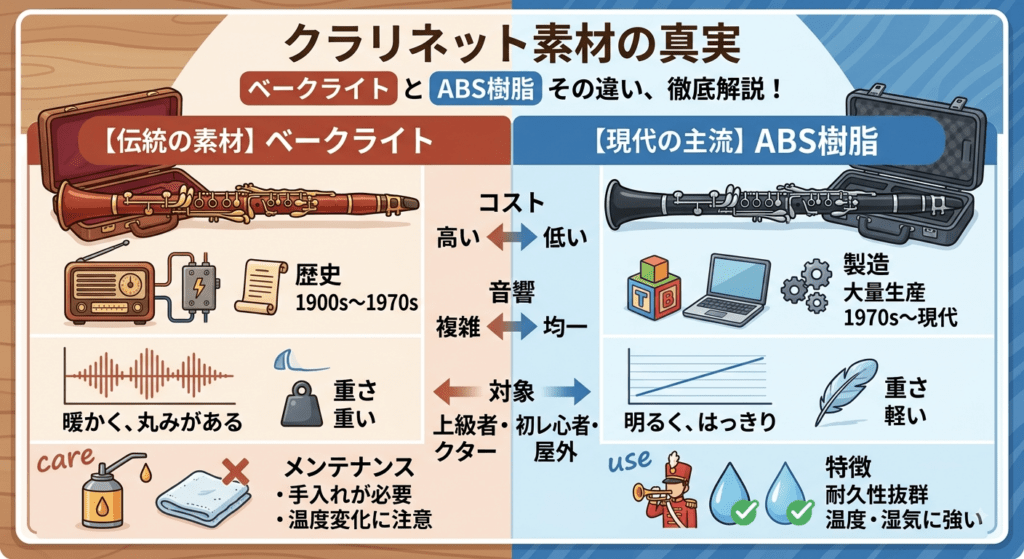 ベークライトとABS樹脂のクラリネットを比較した様子