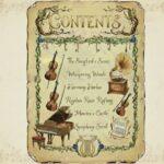 英字タイトル「目次」の古書の左側にコンパス、右側に万年筆。