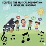 「ソルフェージュ」のご案内のタイトルと、青空の下で歌う子供たち。