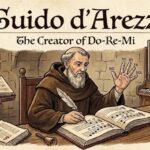 Guido d’Arezzo（グイード・ダ・レッツォ）が書物を書いている様子。