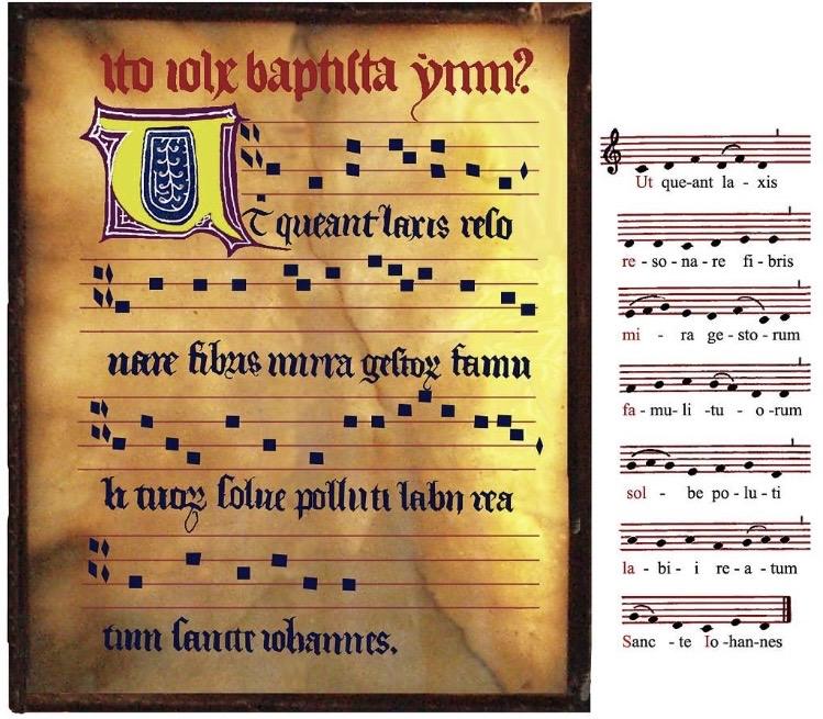 「聖ヨハネ賛歌」の楽譜と現代の楽譜を並べた画像。