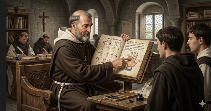 Guido d’Arezzo（グイード・ダ・レッツォ）が、教会で参拝者に音楽の伝承をしている時の様子。