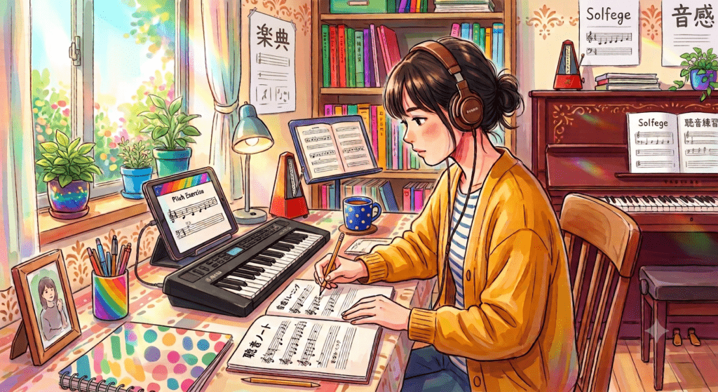 室内で聴音をする人